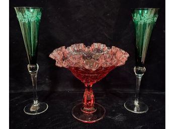 3 Piece Collection Of Lenox Crystal Glass Incl. 2 Green Holiday Flutes & 1 Red Decorative Glass Piece