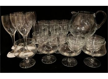 Large Collection Of Glassware Accompanied By Beautiful Crystal Pitcher & Liquor Decanter Tags