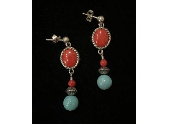 Turquoise And Coral .925 Sterling Silver Earrings