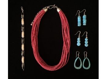 Assortment Of Semi Precious Jewelry, Including Bracelet, Earrings And Multi Stone Necklace