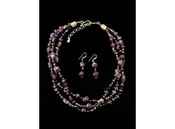 Amethyst And .925 Sterling Silver 3 Strand Necklace And Earrings Set