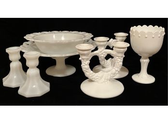 Assorted Collection Of Milk Glass Dishes Incl. Goblet, Candle Holders & More