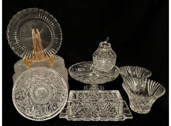 Large Piece Collection Of Cut And Etched Glass Pieces Including Plates, Butter Dish, And More