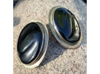 Mathews Signed Onyx And .925 Sterling Silver Clip On Earrings