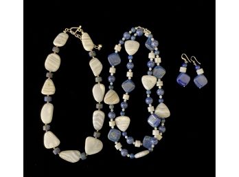 Pair Of Blue Lace Agate And Blue Lapis Necklaces With Sterling Silver Findings, One With Earrings