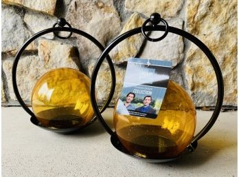 2 New Hanging Metal & Amber Glass Candle Holders By Scott Living