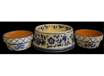 3 Piece Collection Of Blue & White Decor Incl. Ceramic Dog Bowl & Two Stoneware Planters
