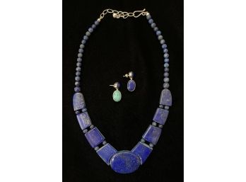Turquoise And Lapis Lazuli Reversible Necklace And Earrings With .925 Sterling Silver Accents