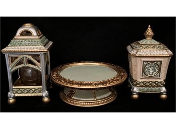 3 Piece Classic Collection Of Fitz And Floyd Decorative Items Including Candle Holder With Candle