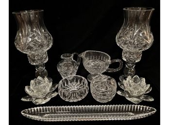 Assorted Lot Of Cut Glass Dishes Including Chimney Candlesticks, Apple Shaped Dish, And More
