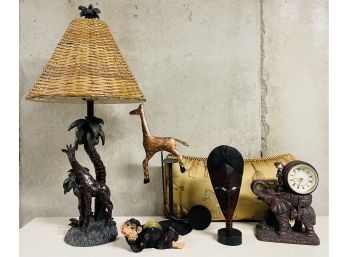 Large Lot Of African Themed Decor With Giraffe Lamp