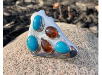 Amber And Turquoise .925 Sterling Silver Pendant
