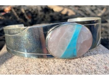 DTR Signed Rose Quartz And Inlaid Turquoise .925 Sterling Silver Cuff Bracelet