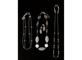Trio Of Black Semi Precious Stone Necklaces, One With Earrings, All With Sterling Silver Findings