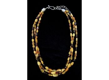 3 Strand Multicolored Amber Necklace With .925 Sterling Silver