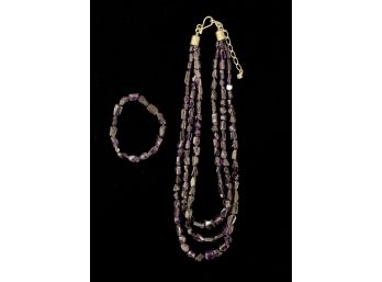 Amethyst And .925 Sterling Silver 3 Strand Necklace And Bracelet Set