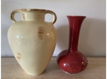 Two Decorative Tall Glass Vases In Mediterranean Yellow + Red