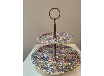 Chintz Tiered Double Cake Tray With Pink And Yellow Florals