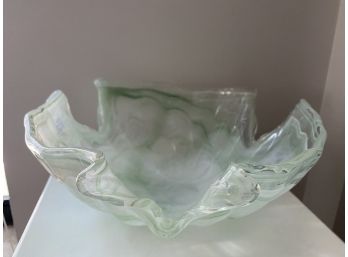 Murano Style Art Glass Free Form Sculptural Bowl With Opaque White & Green Veins