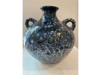 Blue Double Handled Ceramic Vase With White Web Detailing