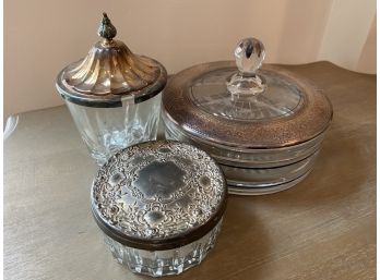 Three Glass Dishes With Silver Plated Tops