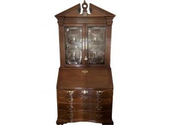 Traditional Chippendale Style Mahogany Bubble-Glass Secretary With Curio Top And Ornate Inlay