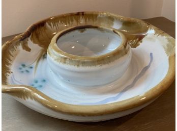 Signed Earthenware Salt Glazed Pottery Chip And Dip Bowl