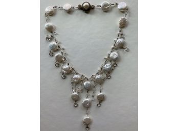 Sterling Silver With Crystal Stones And Freshwater Pearls, Lovely Collar Statement Necklace