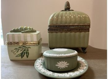 Collection Of Green Toned Home Decor Including Wedgewood Jasperware & Trinket Box