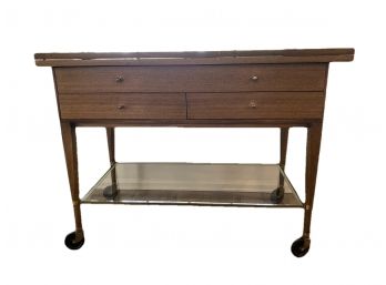 The Calvin Group For Calvin Industries MCM Rolling Bar Cart With Glass Shelving Designed By Paul McCobb