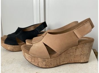 Two Pairs Of Clarks Artisan Suede & Cork Wedges With Rubber Bottoms
