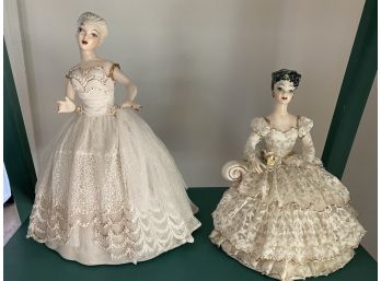 Two Handmade Porcelain Southern Belle Figurines In Cream Lace Dresses
