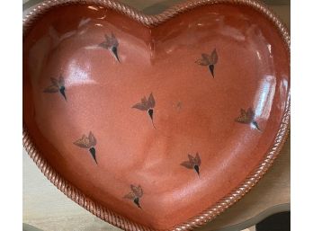 Heart Shaped Burnt Sienna Colored Earthenware Pottery Serving Dish With Root Vegetable Repeating Design