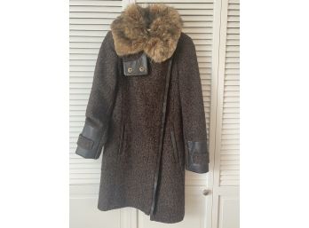 Asymmetrical Zip Brown Tweed Iman Coat With Faux Fur Collar And Faux Leather Trim