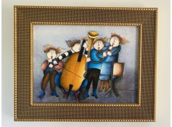 Folk Art Original Signed Quartet Musician Painting On Canvas In Professional Frame