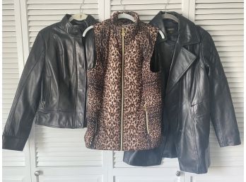Group Of 3 Ladies Clothing Items Including Two Leather Jackets And Leopard Puffer Vest