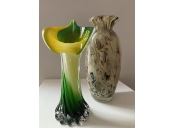 Two Murano Style Art Glass Vases Including Green & Yellow Tulip Vase