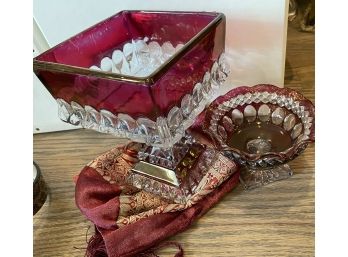 Collection Of Cut To Clear Cranberry Glass Candy Dishes With Decorative Brocade Bag
