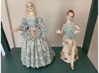 Pair Of Two Handmade Southern Belle Porcelain Figurines With Lace Detail