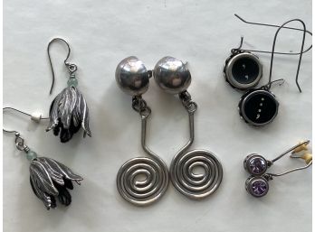 Grouping Of Four Pairs Of Sterling Silver Earrings Including Taxco Sterling