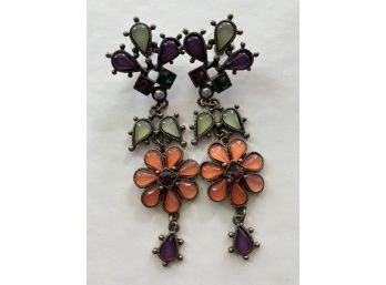 Awesome Pair Of Long Statement Earrings With Coral-toned Glass Flowers