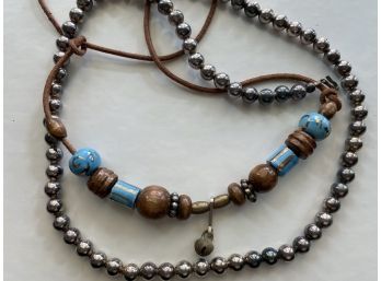Handmade Necklace On Leather Strap With Painted Ceramic Beads & A Silver-toned String Of Pearl Style Necklace