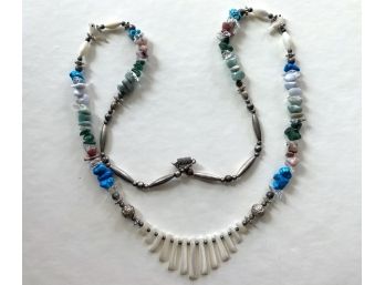 Long Necklace With Sterling Silver Beads, Mother Of Pearl, Semi Precious Stones