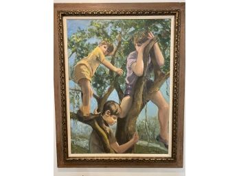 Dolores Haber Original Large Oil On Canvas 1970 Of Three Children Playing Tree