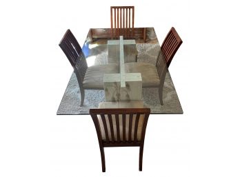 A Very Heavy Duty Glass Top Dining-room Table W 6 Fig Slat Back Side Micro- Fiber Cushions Chairs
