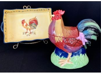 Square Casserole Dish W Wire Carrier And Chicken Cookie Jar