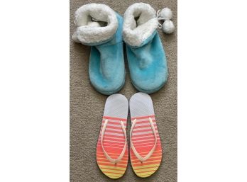 2 Pair Of Indoor Shoes Incl. Comfy Teal Boots W/ Faux Fur Trim & Flip Flops