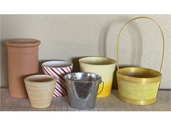 Small Grouping Of Flower Pots And (1) Basket