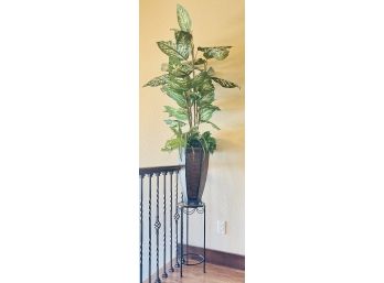 Large Faux Plant In Metal Vase On Metal Stand