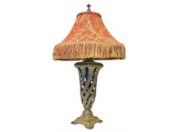 Oversized Cast Metal Table Lamp With Custom Fringe Shade